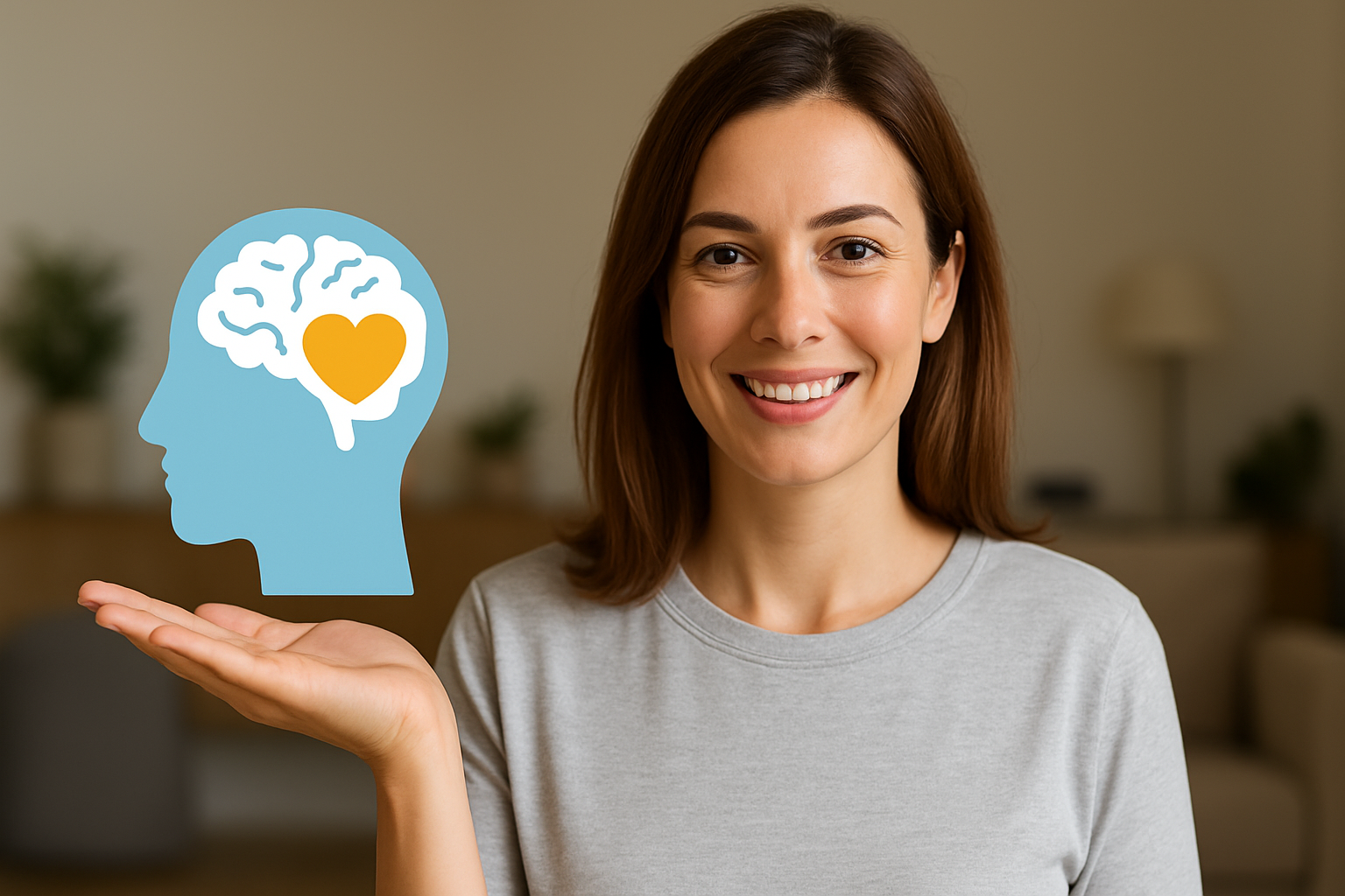 Mulher de 35 a 45 anos sorrindo, com cabelo castanho e expressão confiante, segurando um ícone de cérebro com coração, representando bem-estar emocional.