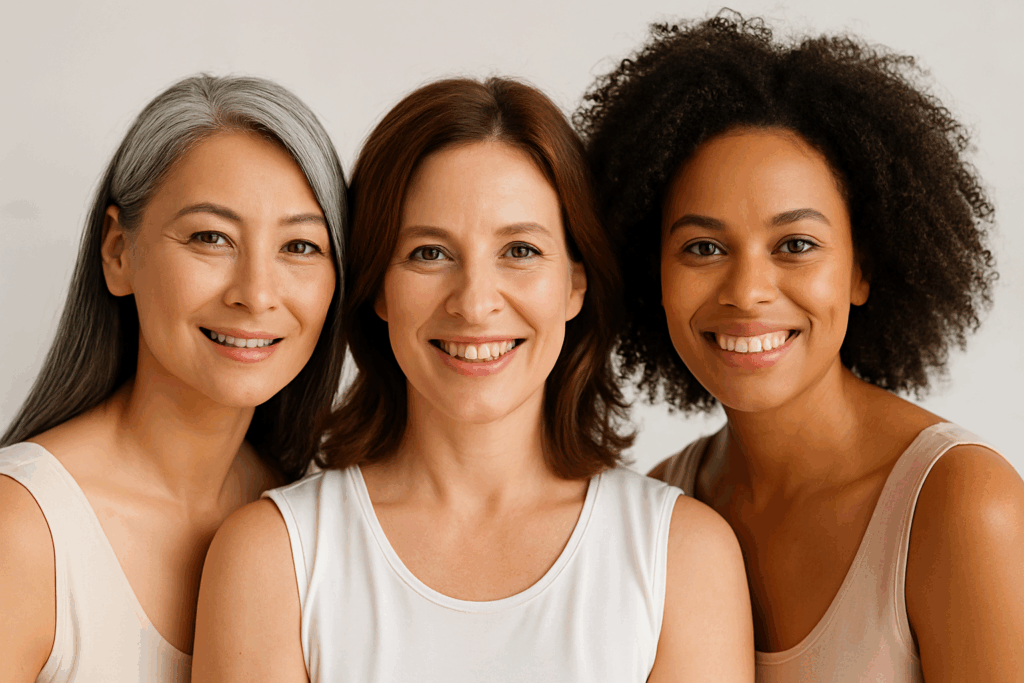 Três mulheres entre 35 e 50 anos, de etnias diversas, sorrindo com pele saudável e viçosa, simbolizando os benefícios da vitamina C para a pele.